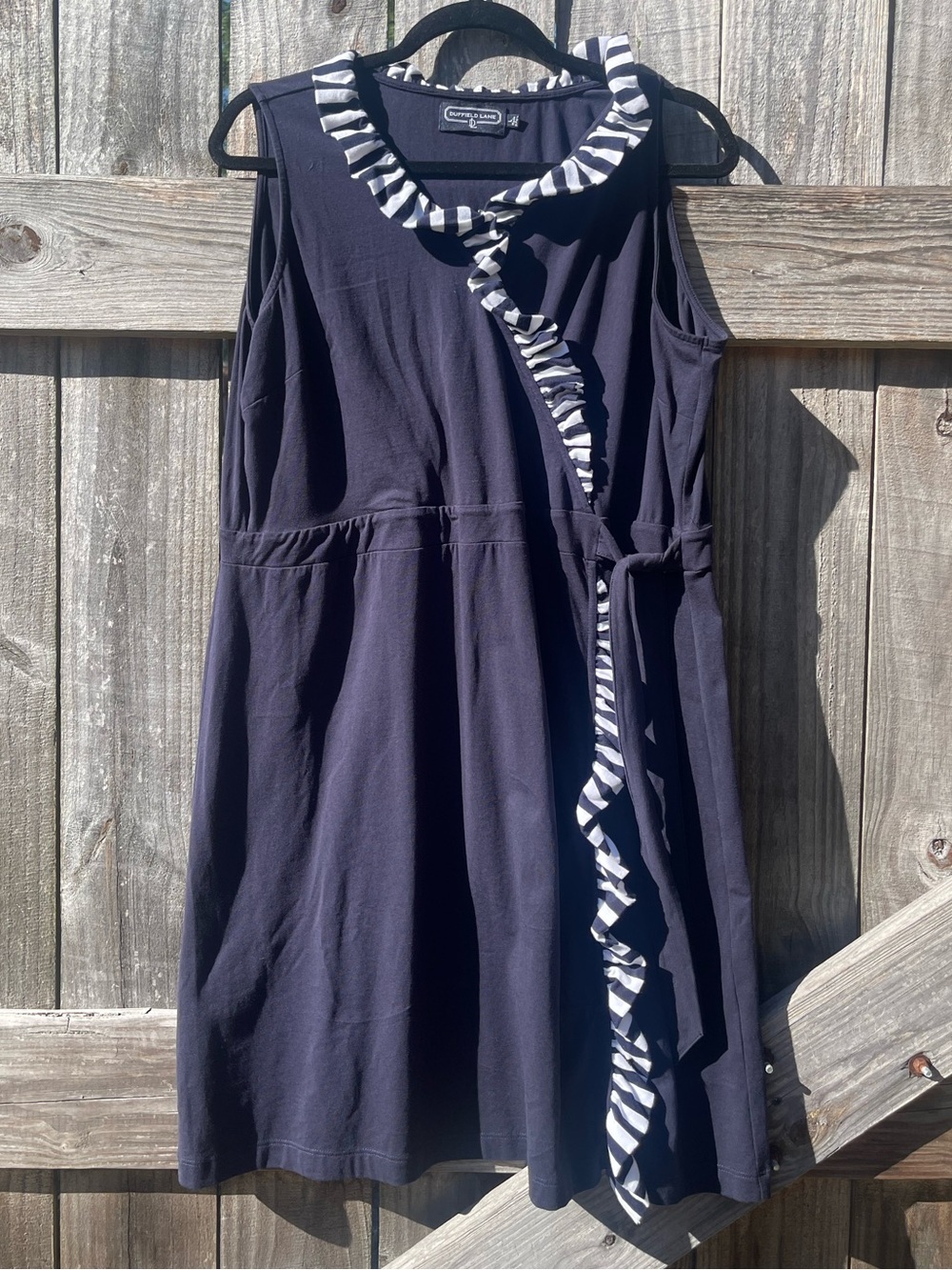 Duffield Lane Navy Sleeveless Wrap Dress with Striped Ruffle Trim Sz L